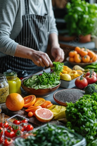 Preparing a healthy meal in the kitchen. Fresh fruits, vegetables, and a smoothie