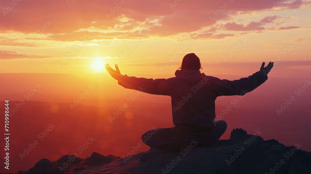 Silhouette of a person kneeling with open arms and looking at the sky on top of a mountain. Concept of religious and spiritual life. Warm atmosphere at dawn. Copy space