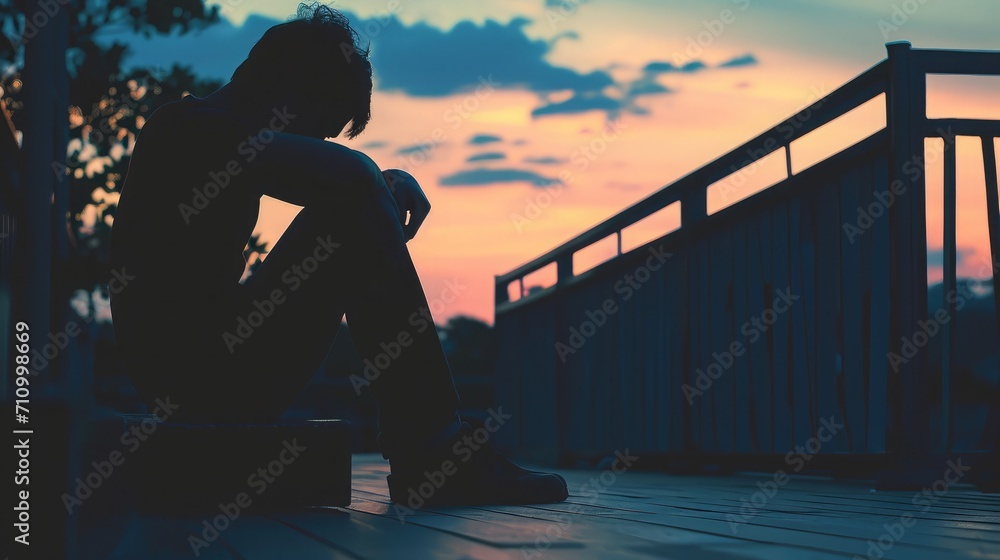 Silhouette of depressed man sitting on walkway of residence building. Sad man, Cry, drama, lonely and unhappy concept