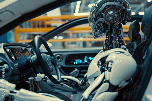 A robot is seated in the driver's seat of a car. This image can be used to depict advanced technology or autonomous vehicles