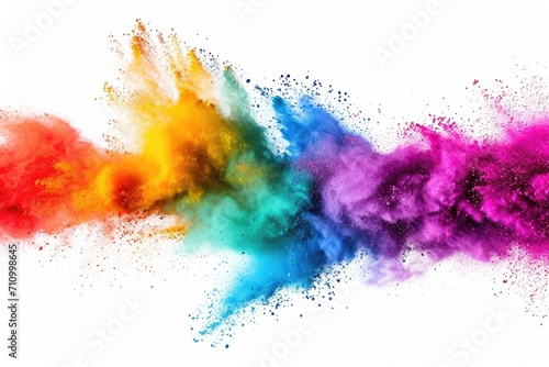 Colorful powder particles are captured mid-air against a clean white background. This vibrant image can be used to add a burst of color and excitement to various projects photo