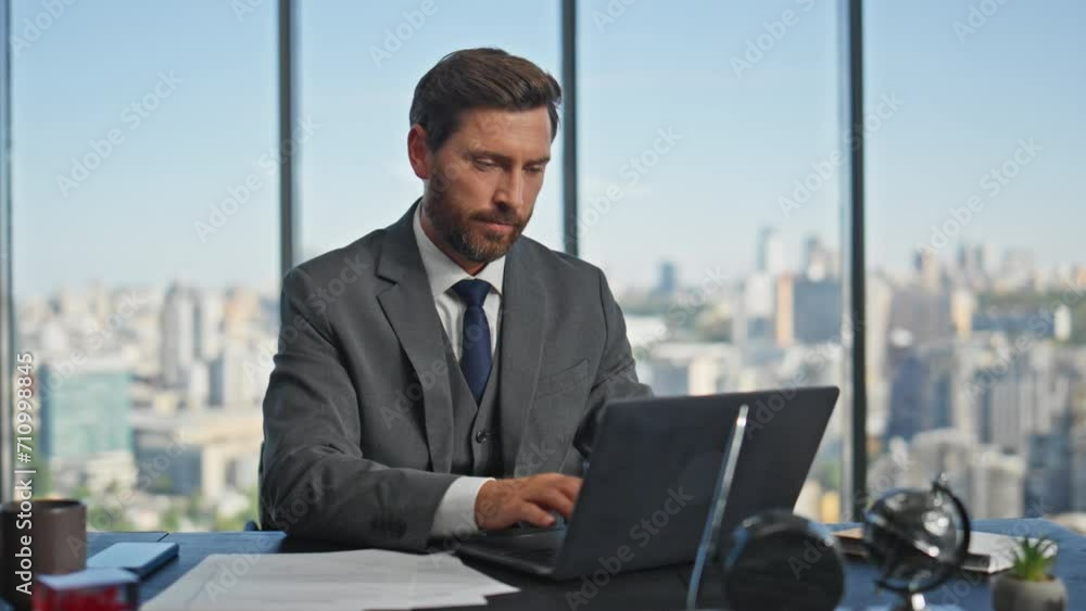 Office man starting day opening laptop lid. Successful entrepreneur working desk Office man starting day opening laptop lid. Successful entrepreneur working desk