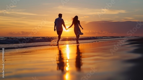 Silhouette of happy young couple in love together holding hands and running along seashore at sunset, copy space. Romance, relationship, date, valentine's day concept.
