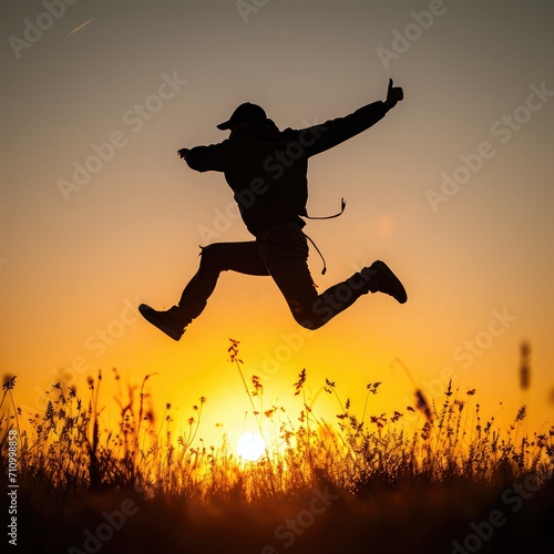 Silhouette of man jumping with cap in the sunset