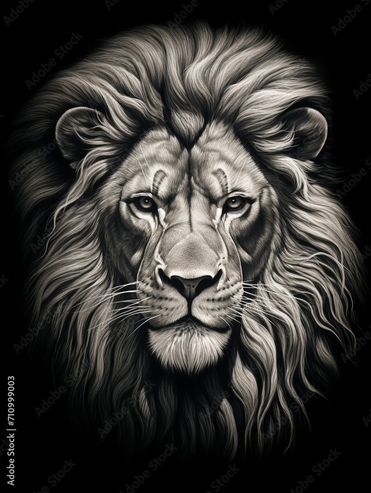 T-shirt design, a realistic graphite pencil sketch of a lion's head, in the style of hyperrealism, intricate detailing of the lion's fur and expressive eyes created with Generative Ai