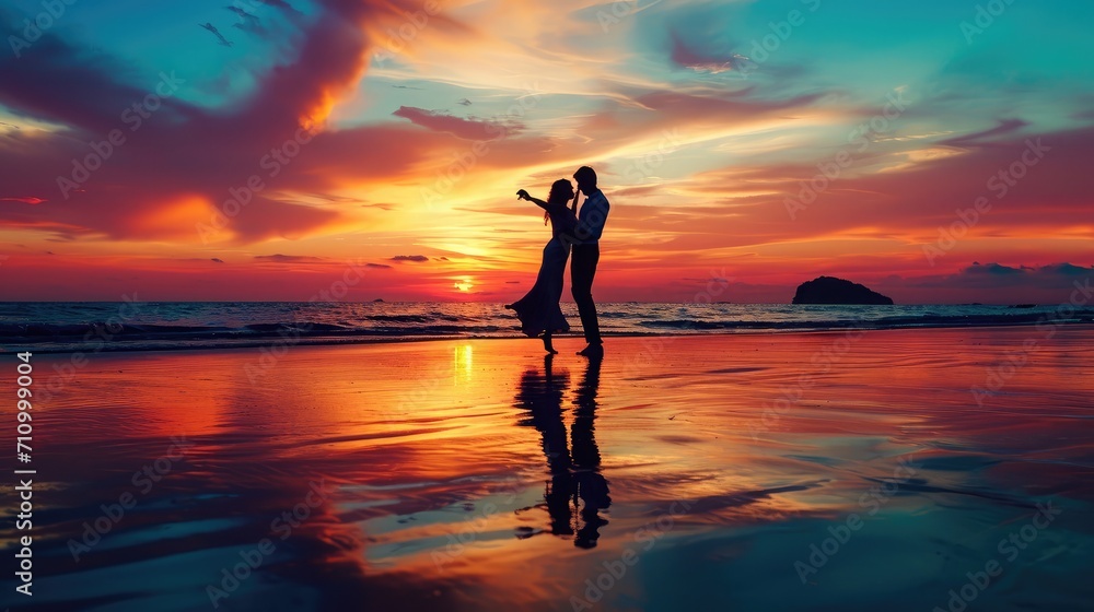 Silhouette of romantic couple dance on the beach at beautiful sunset time