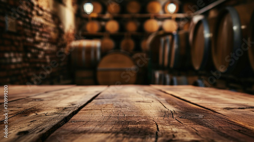 Empty wooden table and stage bar with bokeh lights. Wine Cellar. Wooden wine barrels. high quality photo