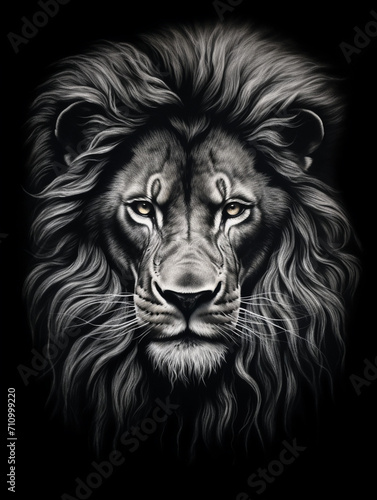 T-shirt design, a realistic graphite pencil sketch of a lion's head, in the style of hyperrealism, intricate detailing of the lion's fur and expressive eyes created with Generative Ai © Andrii Yablonskyi