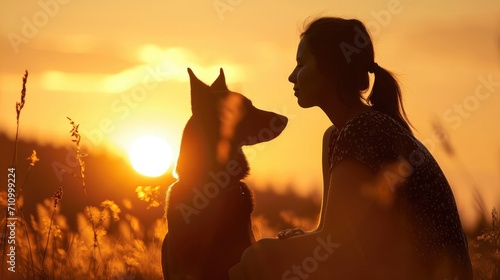 Silhouette of young woman with her dog in the sunset outdoor.
