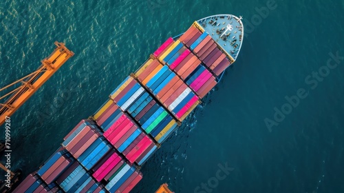 Aerial top view of Container ship loading and unloading, Cargo container in deep seaport for the international order. Transportation and travel concept © Orxan