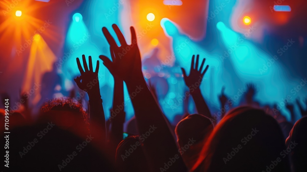 Silhouettes of unrecognizable people holding hands up and having fun during amazing music performance