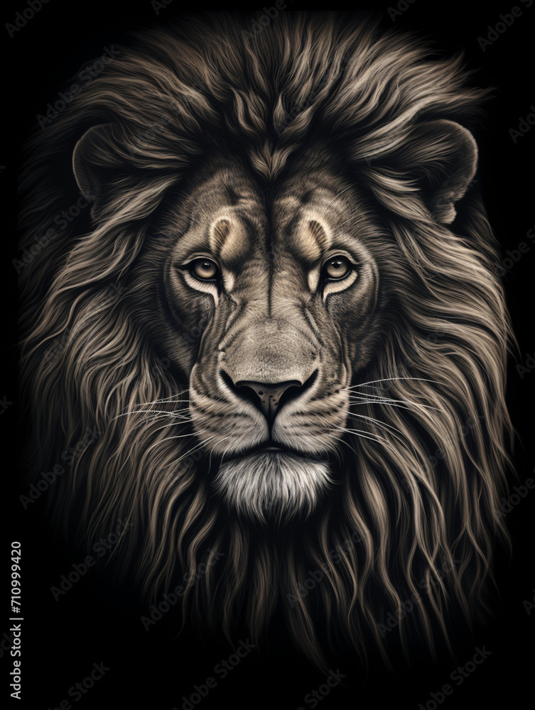 Naklejka premium T-shirt design, a realistic graphite pencil sketch of a lion's head, in the style of hyperrealism, intricate detailing of the lion's fur and expressive eyes created with Generative Ai