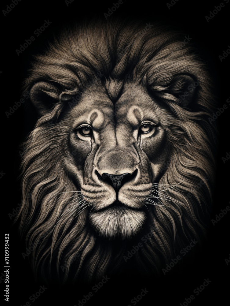 T-shirt design, a realistic graphite pencil sketch of a lion's head, in the style of hyperrealism, intricate detailing of the lion's fur and expressive eyes created with Generative Ai