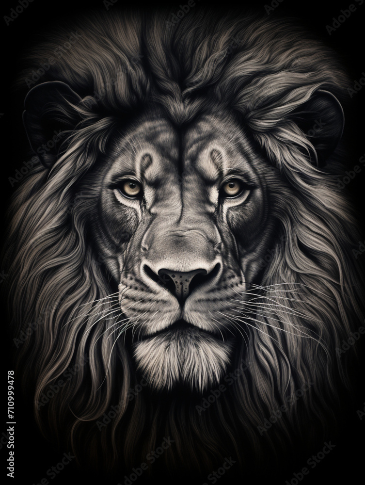 Fototapeta premium T-shirt design, a realistic graphite pencil sketch of a lion's head, in the style of hyperrealism, intricate detailing of the lion's fur and expressive eyes created with Generative Ai