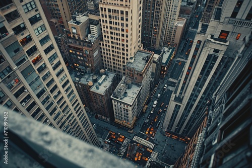 A bird's eye view of a cityscape, captured from the top of a building. This image can be used to showcase the urban landscape and architecture of a city