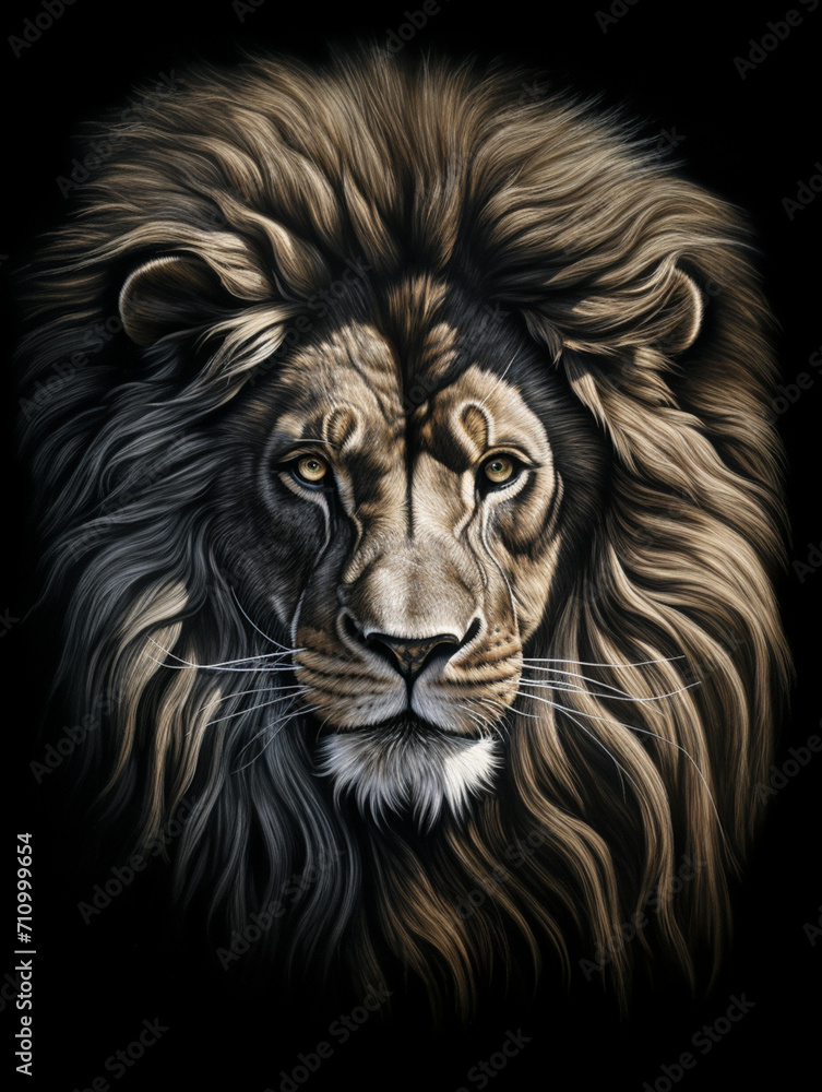 Naklejka premium T-shirt design, a realistic graphite pencil sketch of a lion's head, in the style of hyperrealism, intricate detailing of the lion's fur and expressive eyes created with Generative Ai