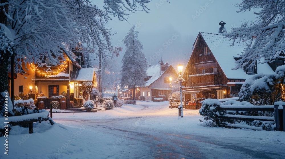 Fototapeta premium A picturesque snowy street in a small town at night. Perfect for winter-themed designs and holiday promotions