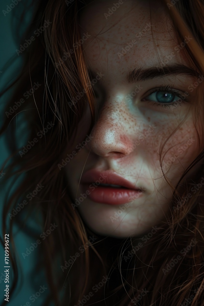 A close-up shot of a woman's face with prominent freckles. Perfect for beauty or skincare-related projects A close-up shot of a woman's face with prominent freckles. Perfect for beauty or skincare-related projects