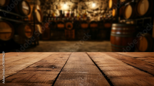 Empty wooden table and stage bar with bokeh lights. Wine Cellar. Wooden wine barrels. high quality photo