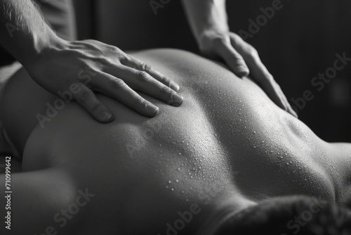 A black and white photo showing a man getting a back massage. Suitable for health and wellness themes