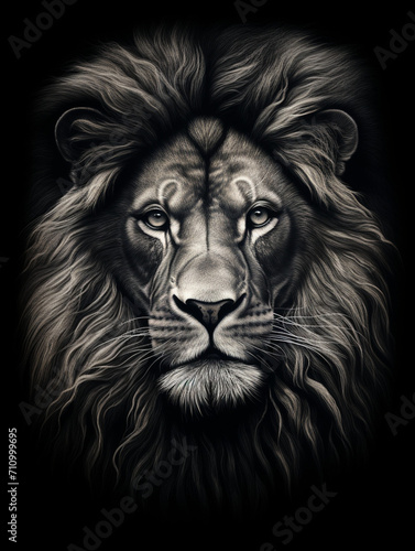 T-shirt design, a realistic graphite pencil sketch of a lion's head, in the style of hyperrealism, intricate detailing of the lion's fur and expressive eyes created with Generative Ai © Andrii Yablonskyi