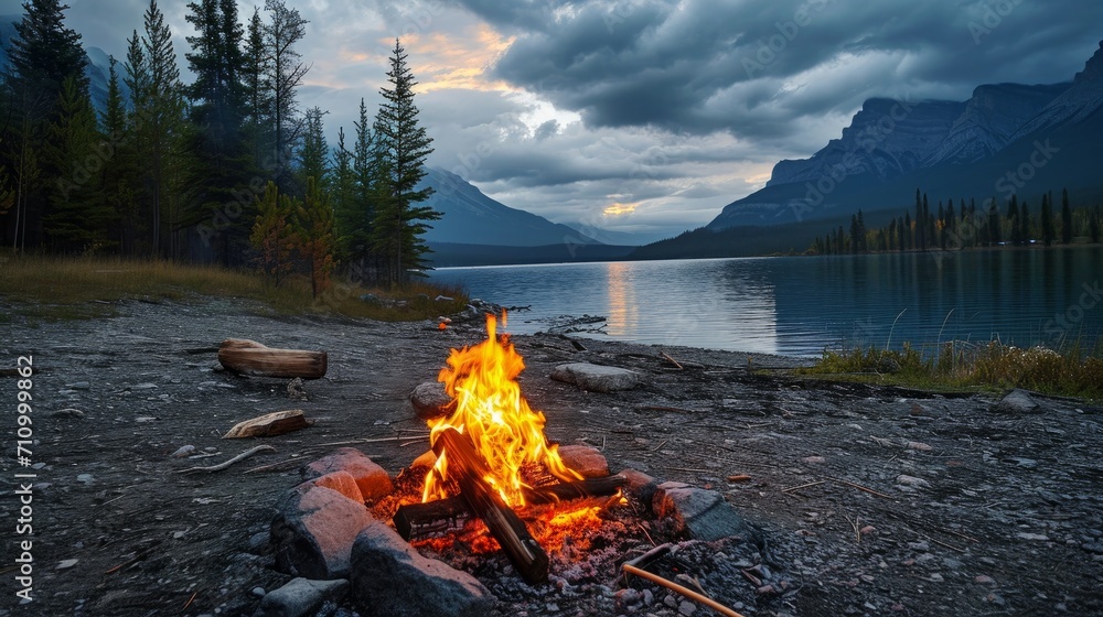 Bonfire in campsite in Banff National Park - Alberta, Canada - obrazy, fototapety, plakaty 