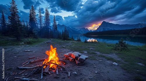 Bonfire in campsite in Banff National Park - Alberta, Canada photo