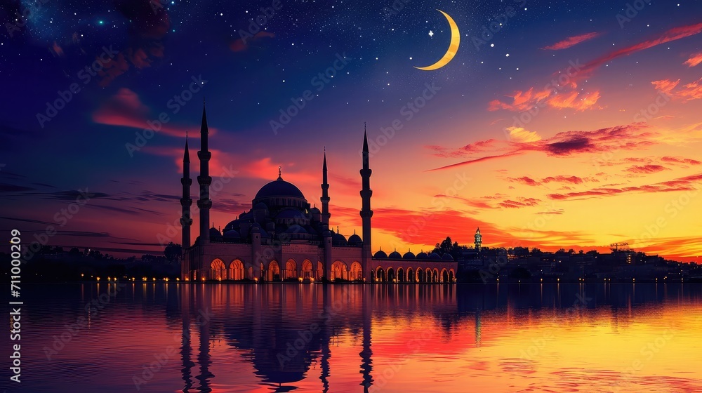 Obraz premium Mosque sunset sky, moon, holy night, islamic night and silhouette mosque, islamic wallpaper