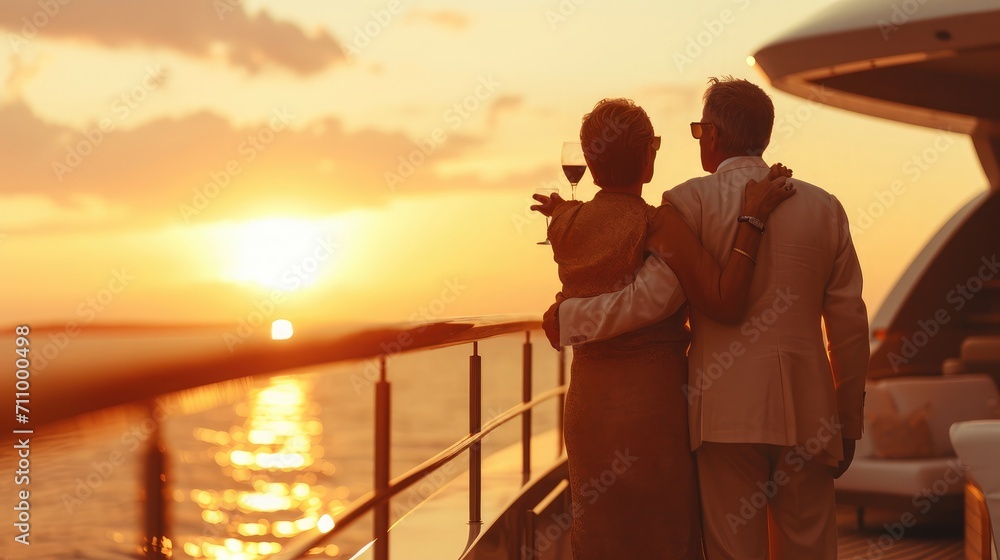 Senior business man and his wife celebrating on celebration event at the yacht deck,Silhouette romance scene marriage anniversary over sunset, luxury life and happiness moment, life insurance