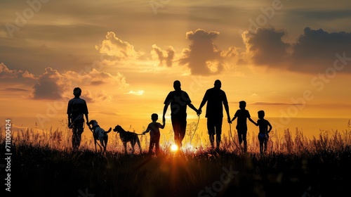 people in the park. silhouette of a big happy family on a walk with a dog at sunset in a field in nature. happy family kid dream lifestyle concept. big friendly family walk at sunset in the park photo