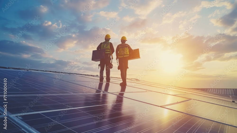 Fototapeta premium Silhouette engineers walking on roof inspect and check solar cell panel by hold equipment box ,radio communication, solar cell is smart grid ecology energy sunlight alternative power factory concept