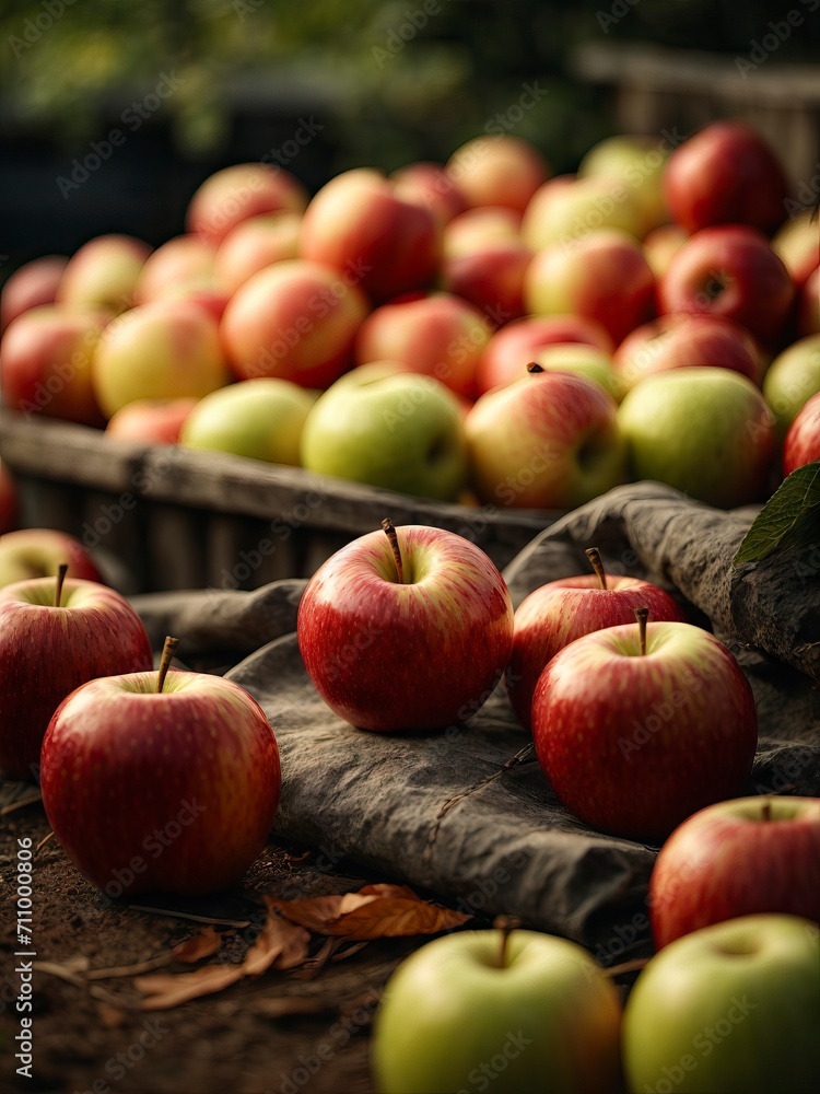 Organic apples in a wooden crate on the ground. Selective focus Organic apples in a wooden crate on the ground. Selective focus