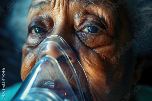 An elderly woman wearing an oxygen mask. Suitable for healthcare or medical concepts photo