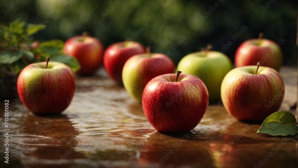Ripe red and green apples on a wooden table in the garden Ripe red and green apples on a wooden table in the garden