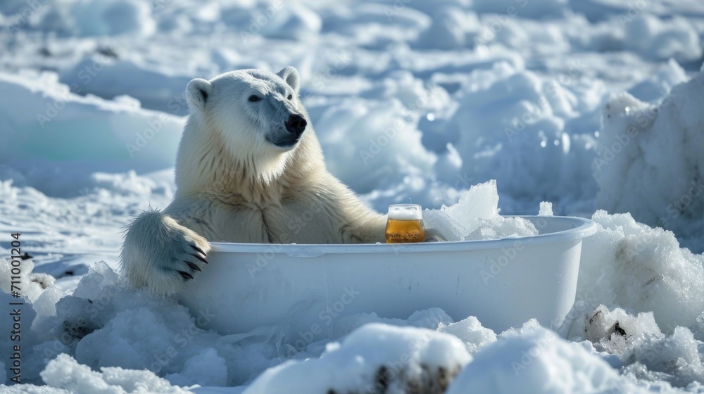 polar bear takes a cold bath with a glass of beer amidst melting glaciers, an environmental issue with global warming polar bear takes a cold bath with a glass of beer amidst melting glaciers, an environmental issue with global warming