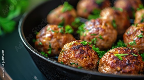 A pan filled with delicious meatballs covered in fresh parsley. Perfect for a hearty meal or as a flavorful addition to pasta dishes photo