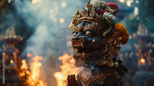 A close-up view of a statue with a fiery background. This image can be used to represent strength, power, or intensity. Perfect for various design projects or storytelling visuals