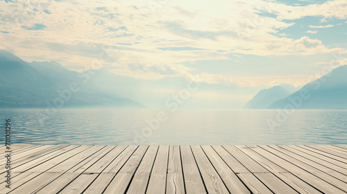 Wooden table on the background of the sea  island  king of the forest and blue sky. Display. Wooden exhibition. Forest  snow  sea  sun. high quality photo.