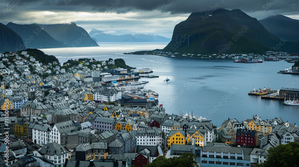 Aksla at the city of Alesund , Norway Aerial footage. Generative Ai