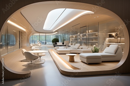Modern office interior with curved walls and glass