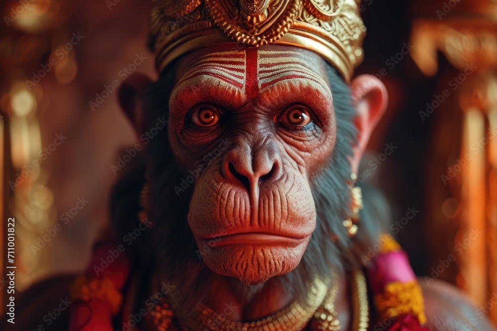 A close up shot of a monkey wearing a crown. This image can be used to depict royalty, humor, or animals in costume