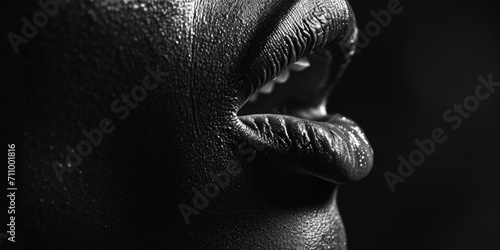 A close-up view of a person's mouth against a black background. This image can be used for various purposes