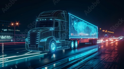 Futuristic Technology Concept- Autonomous Semi Truck with Cargo Trailer Drives at Night on the Road with Sensors Scanning Surrounding. Special Effects of Self Driving Truck Digitalizing Freeway photo