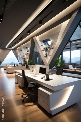 Modern office interior with large windows and a view of the mountains