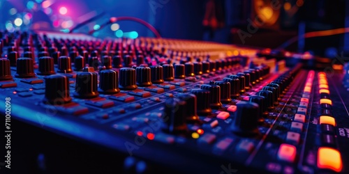 A detailed close-up of a sound board in a recording studio. Perfect for illustrating the technical aspect of audio production.