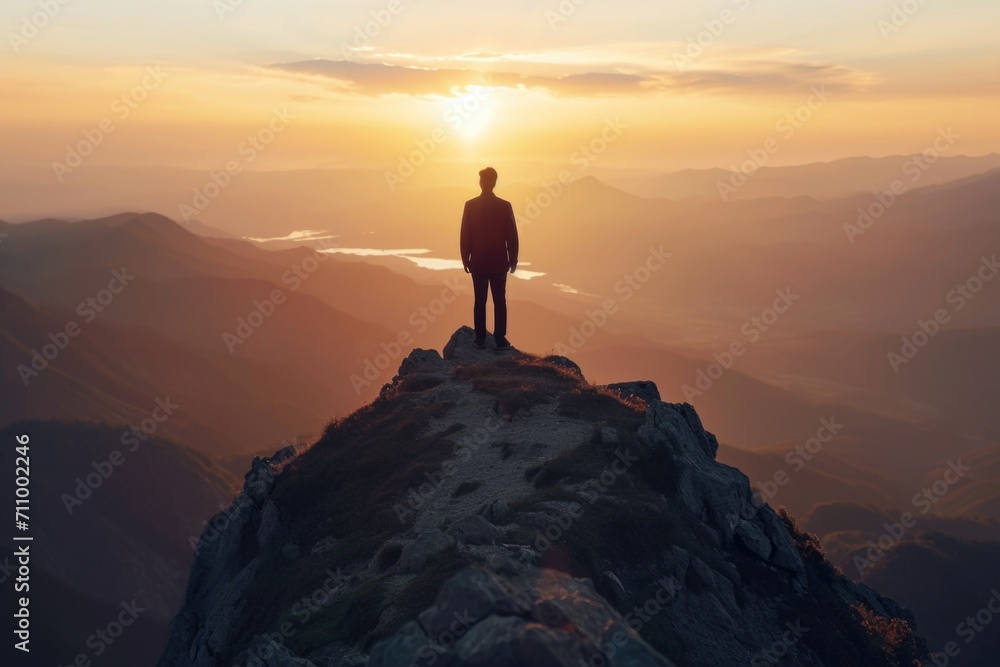 A man standing on top of a mountain during a beautiful sunset. This image can be used to symbolize success, freedom, and the beauty of nature