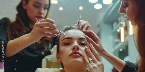 A woman is pictured getting her hair done at a salon. This image can be used to showcase hairstyling services and the experience of getting pampered at a salon