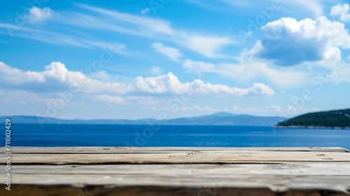 Wooden table on the background of the sea, island, king of the forest and blue sky. Display. Wooden exhibition. Forest, snow, sea, sun. high quality photo.