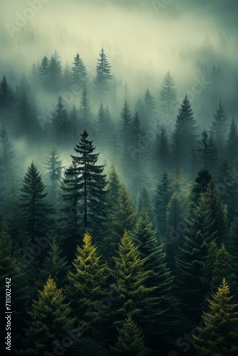 Generative AI image of the land of pine trees  rain forest  mist  autumn fog  white spruce
