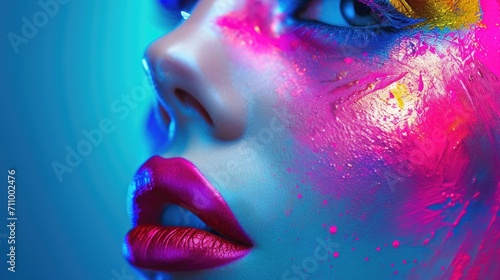 Close-up of a woman's face with vibrant and colorful makeup. Perfect for beauty and fashion-related projects
